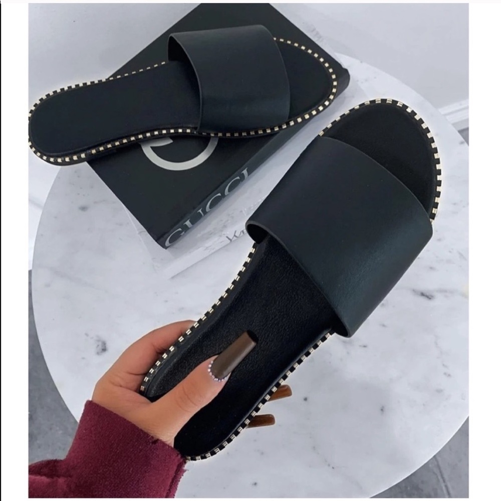 Black Slip On One Band Flat Sandals - Picture 2 of 10